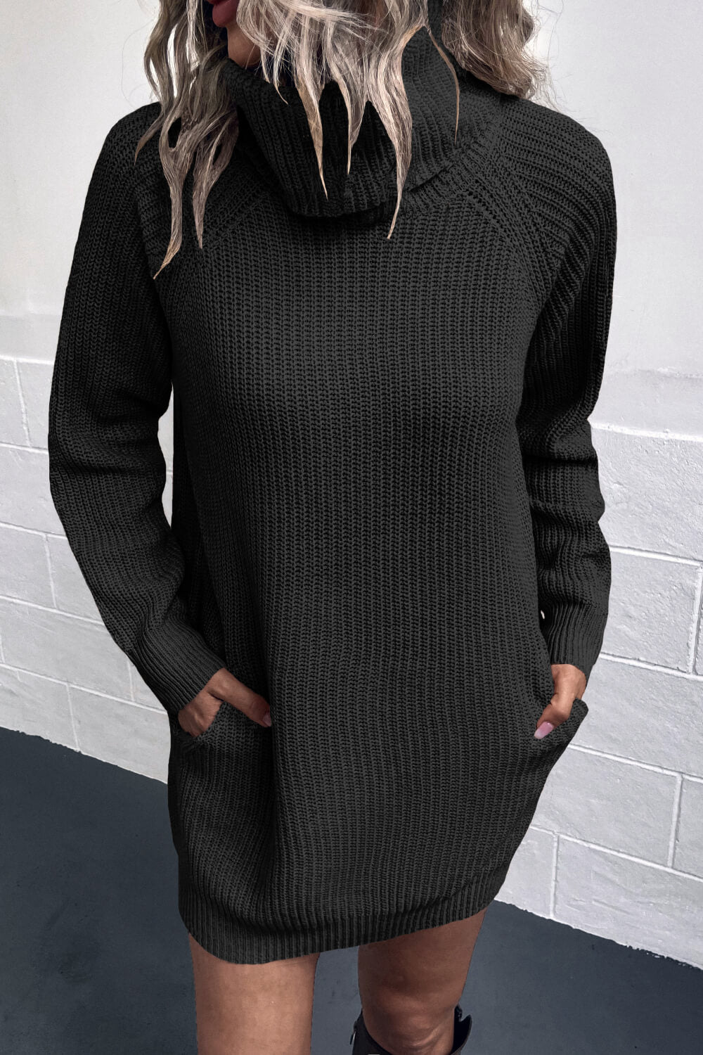 Turtleneck Sweater Dress with Pockets Black