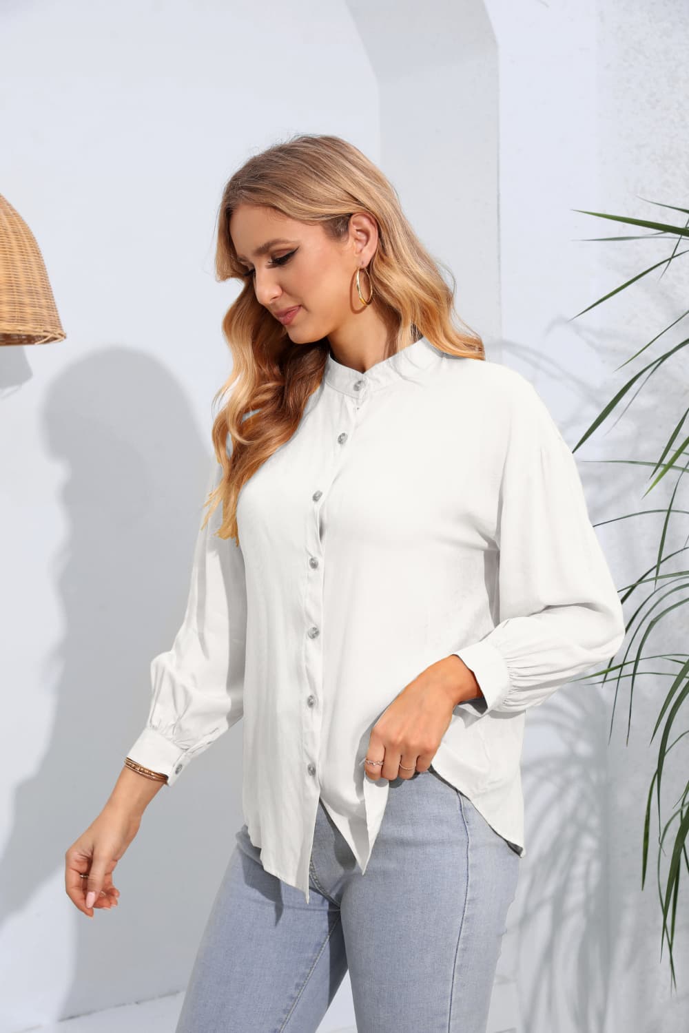 Mock Neck Buttoned Long Sleeve Shirt - Thandynie