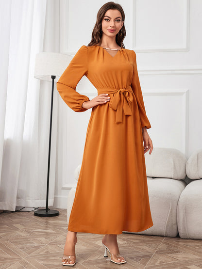 Tie Waist Puff Sleeve Maxi Dress Pumpkin