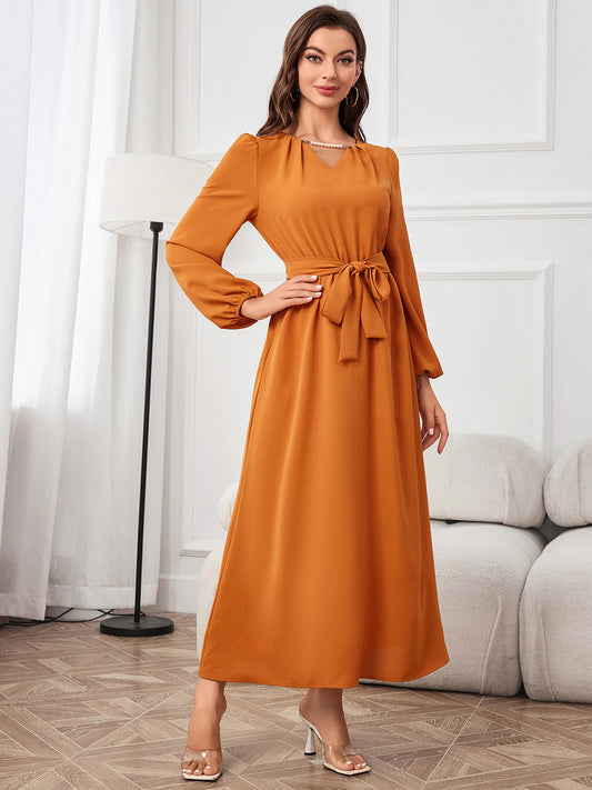 Tie Waist Puff Sleeve Maxi Dress Pumpkin