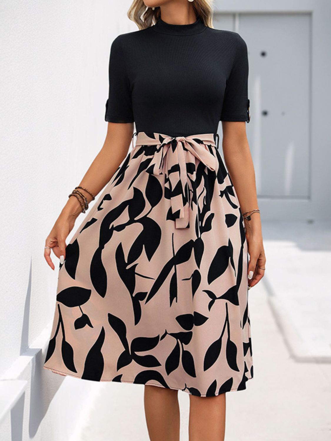 Perfee Tied Printed Mock Neck Short Sleeve Dress Black