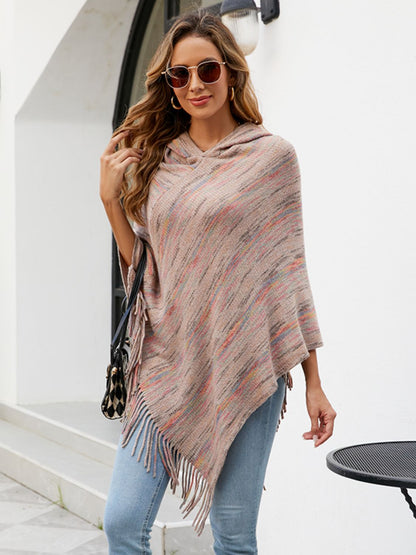 Fringe Hem Hooded Poncho Khaki One Size