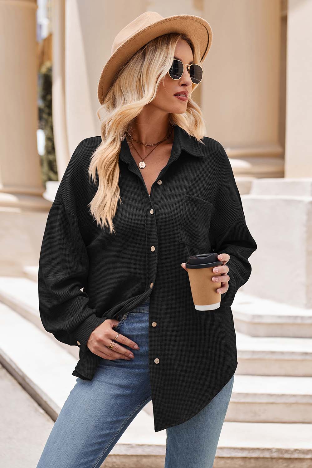 Collared Neck Dropped Shoulder Shirt Black