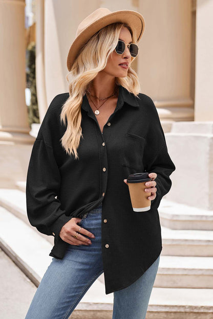 Collared Neck Dropped Shoulder Shirt Black