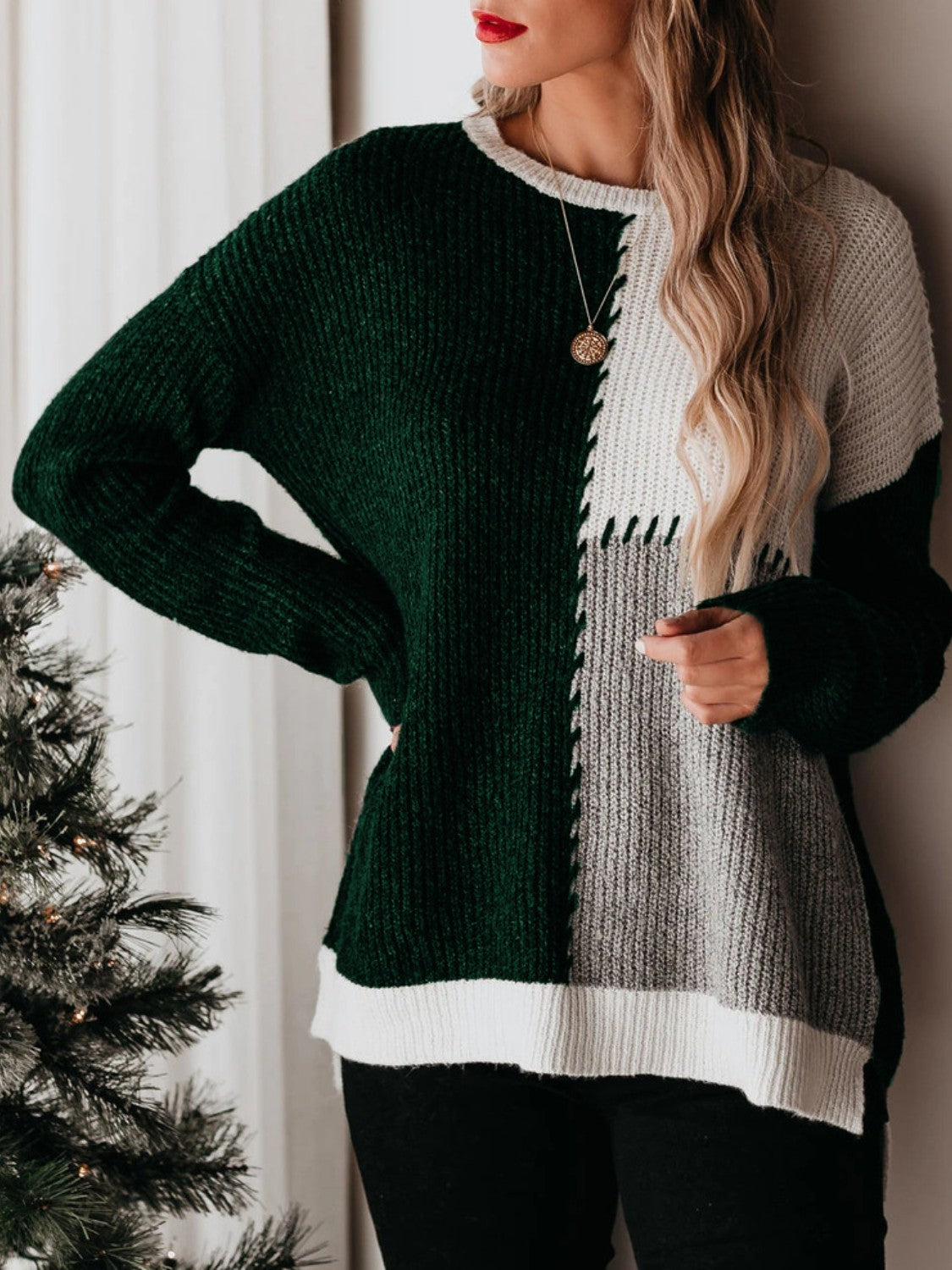 Color Block Round Neck Long Sleeve Sweater Dark Green