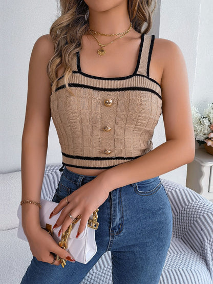 Decorative Button Wide Strap Knit Cami Tan