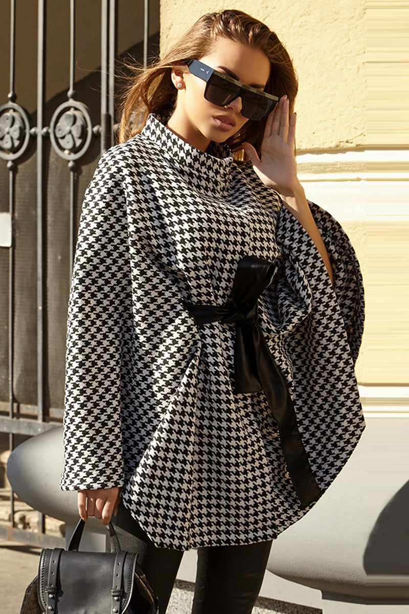 Houndstooth Tie Waist Trench Coat Plaid One Size