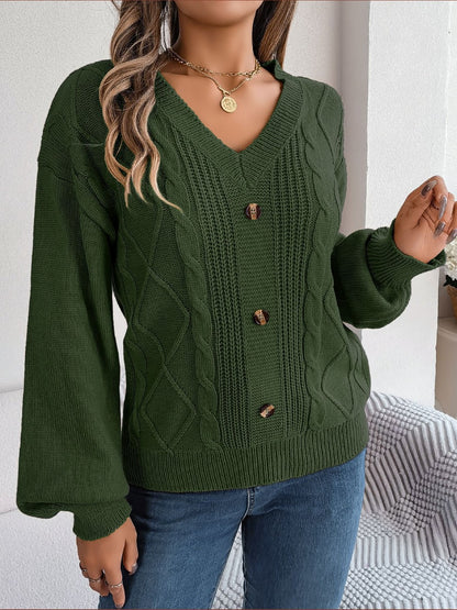 Cable-Knit Buttoned V-Neck Sweater Army Green