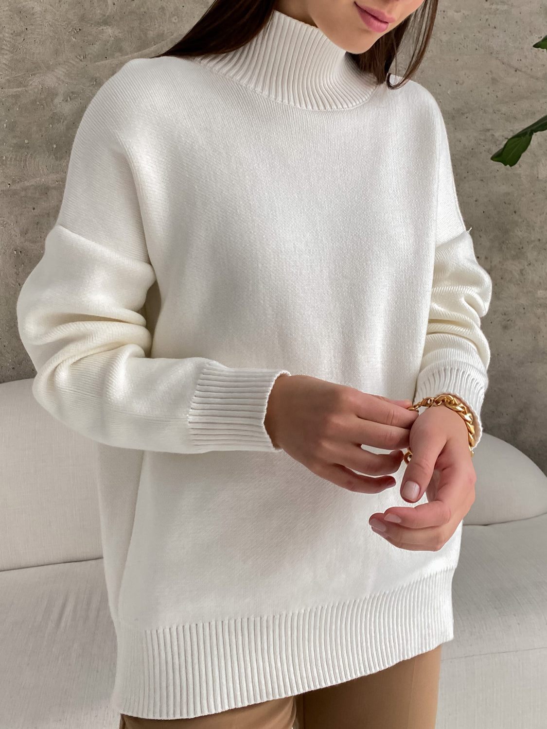 Mock Neck Dropped Shoulder Sweater White One Size