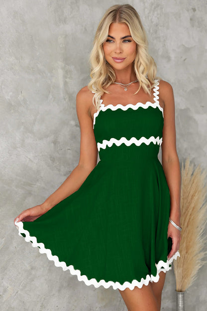 Contrast Trim Square Neck Mini Dress Dark Green