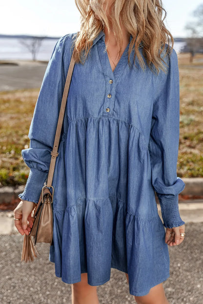 Tiered Johnny Collar Long Sleeve Denim Dress