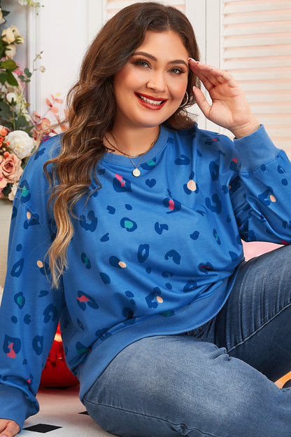 Sky Blue Plus Size Leopard Ribbed Edge Drop Shoulder Pullover Sweatshirt