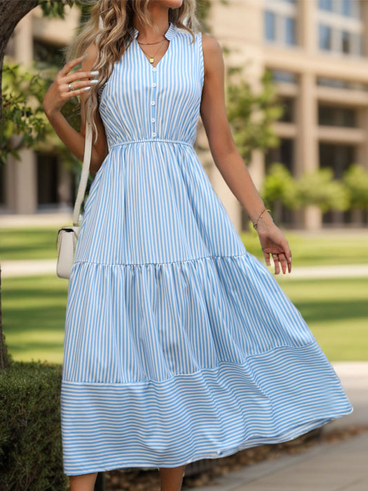 Striped Notched Sleeveless Midi Dress Light Blue