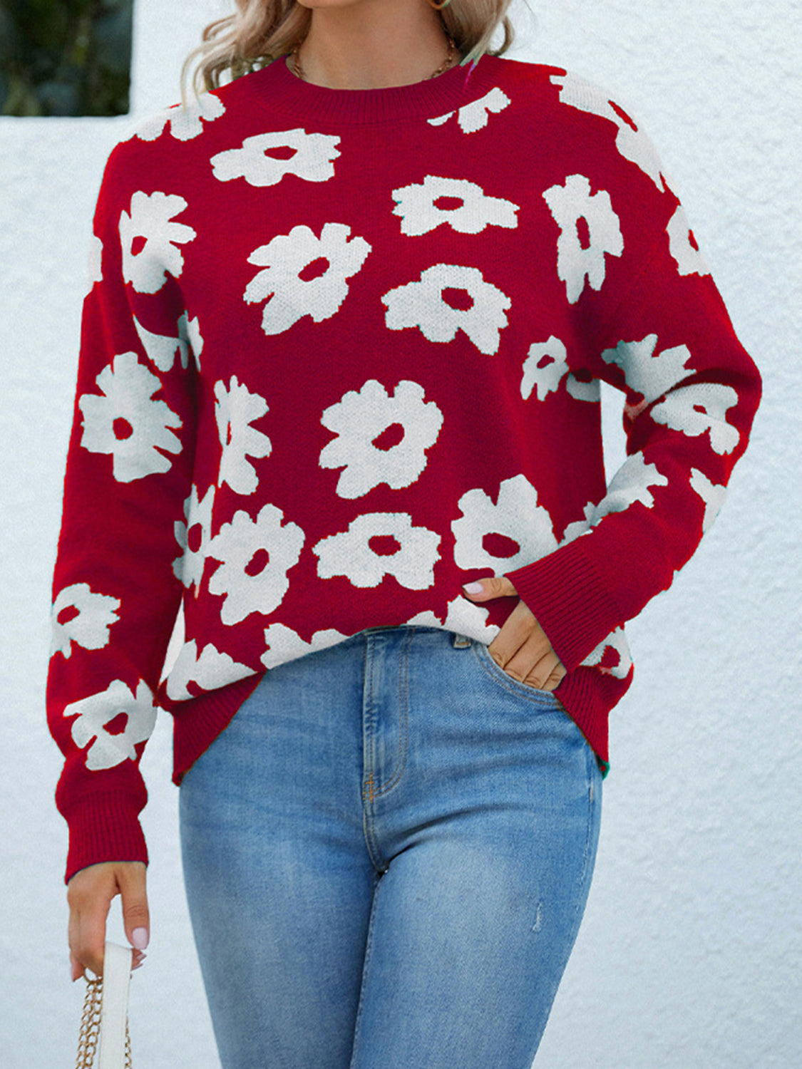 Floral Round Neck Sweater Wine