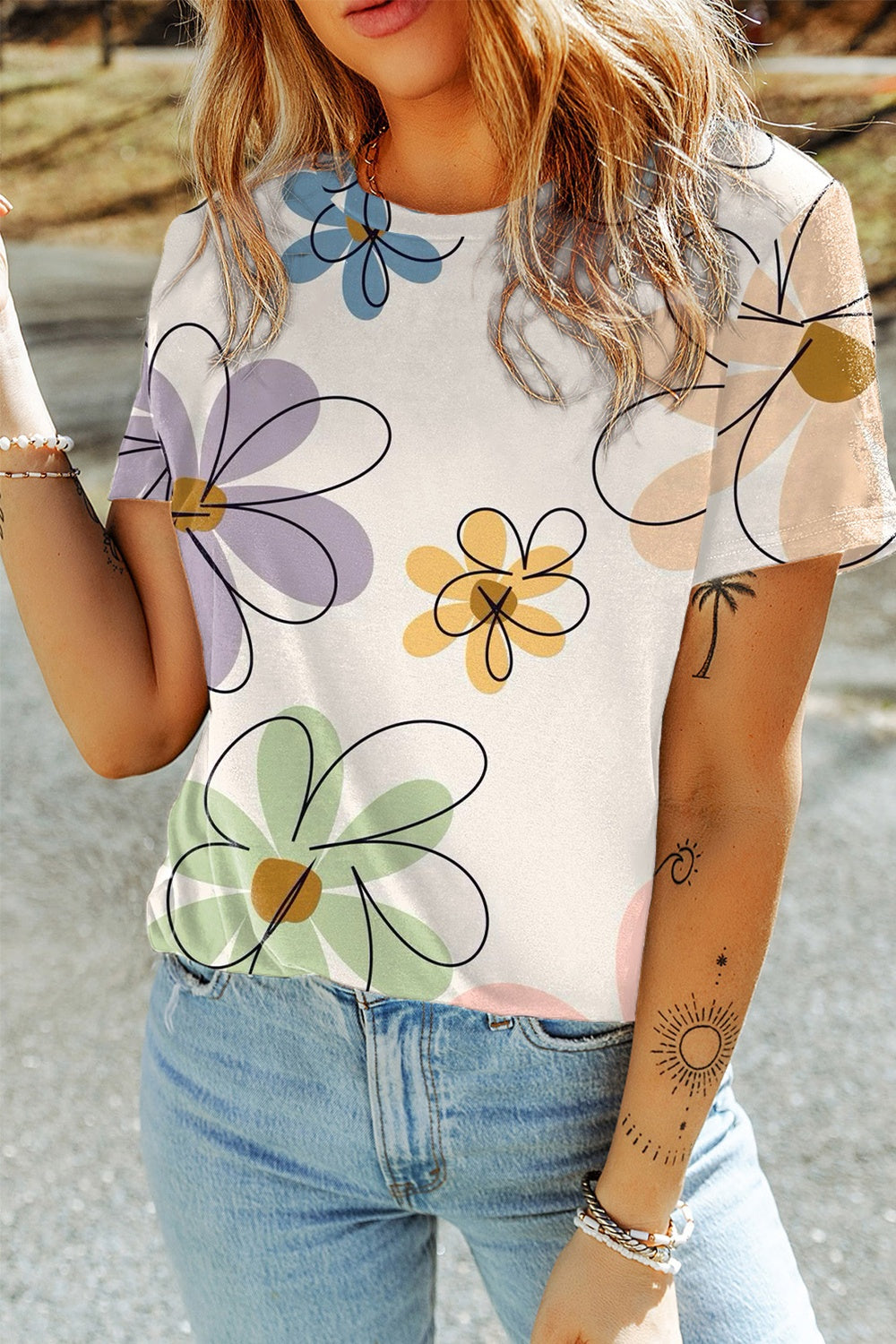 Printed Round Neck Short Sleeve T-Shirt Floral