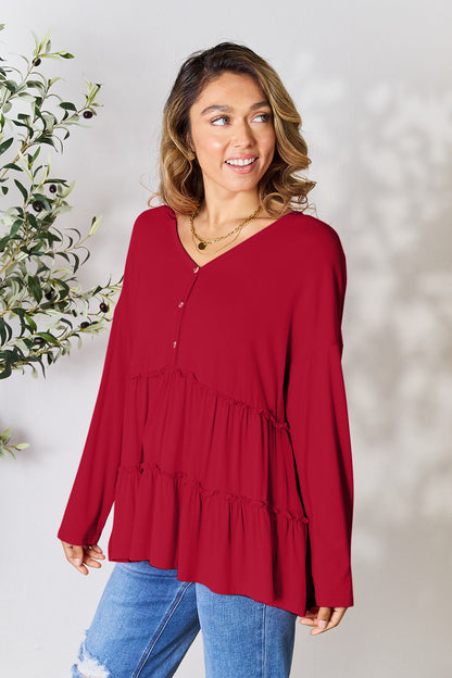 Double Take Half Button Long Sleeve Ruffle Hem Blouse Burgundy