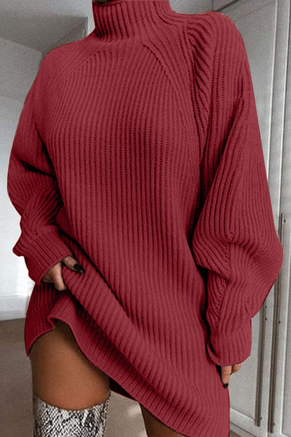 Mock Neck Dropped Shoulder Sweater Dress Deep Red