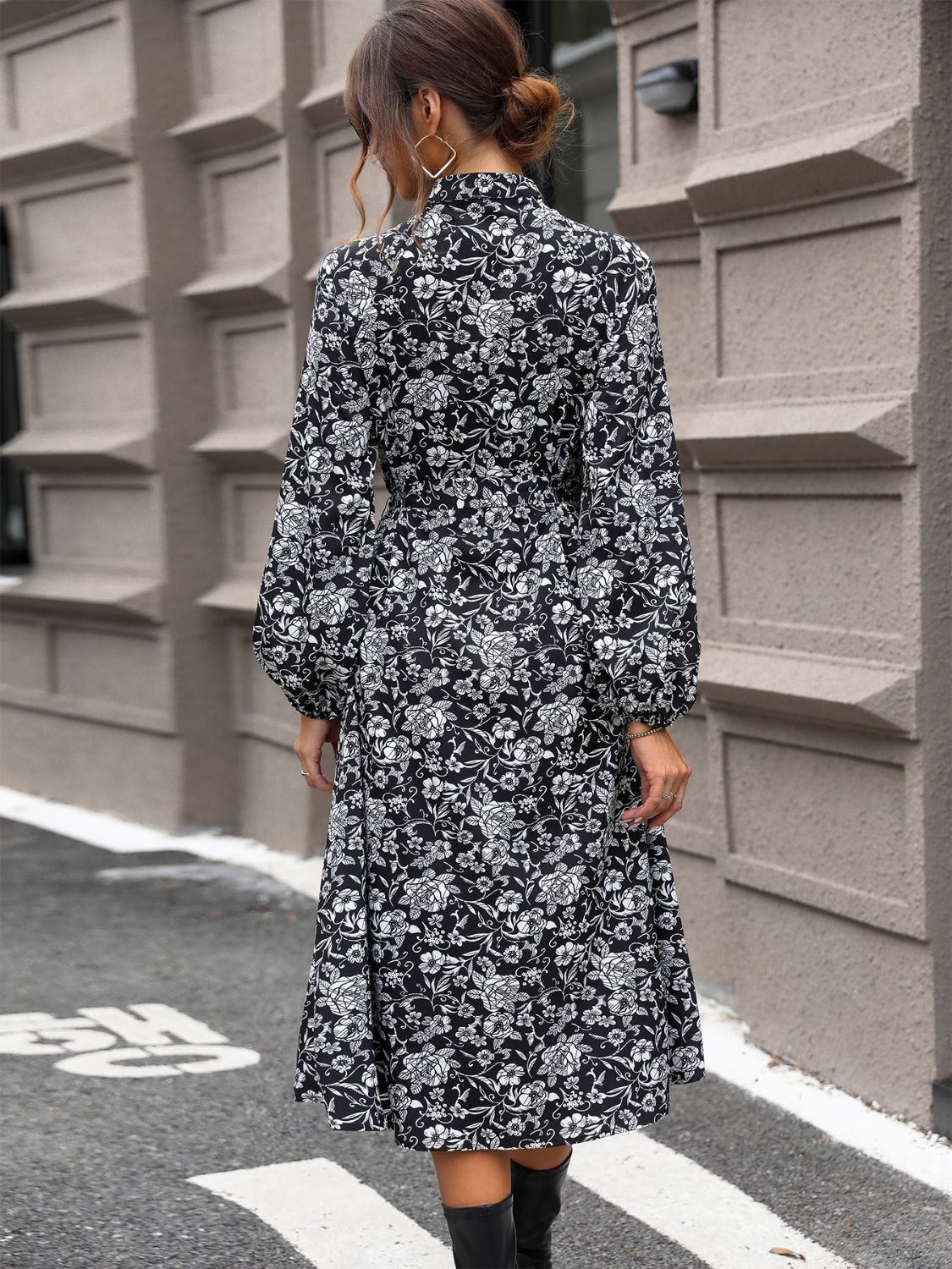 Lace Detail Printed Long Sleeve Midi Dress