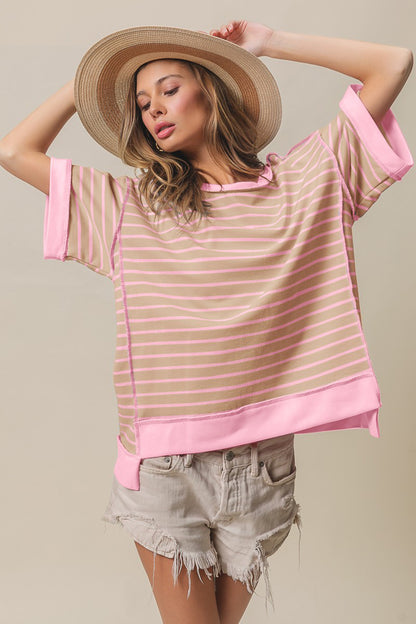 BiBi Exposed Seam Stripe Contrast T-Shirt Taupe Blush