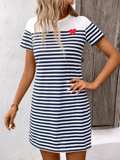 Striped Round Neck Short Sleeve Mini Dress Navy