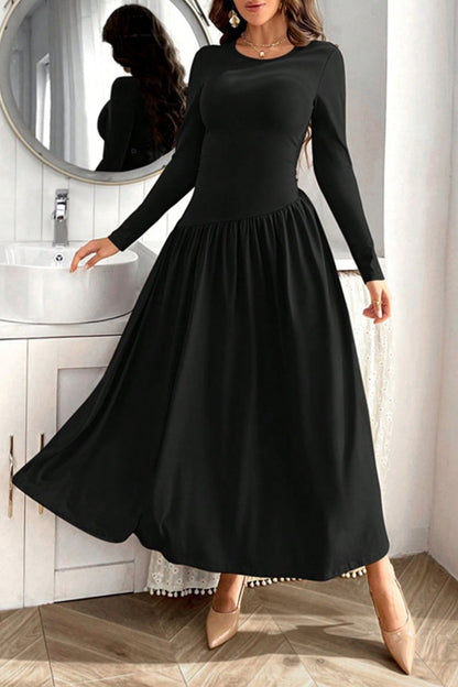 Ruched Round Neck Long Sleeve Dress Black