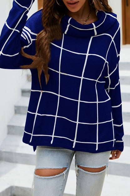 Plaid Turtleneck Drop Shoulder Sweater Navy