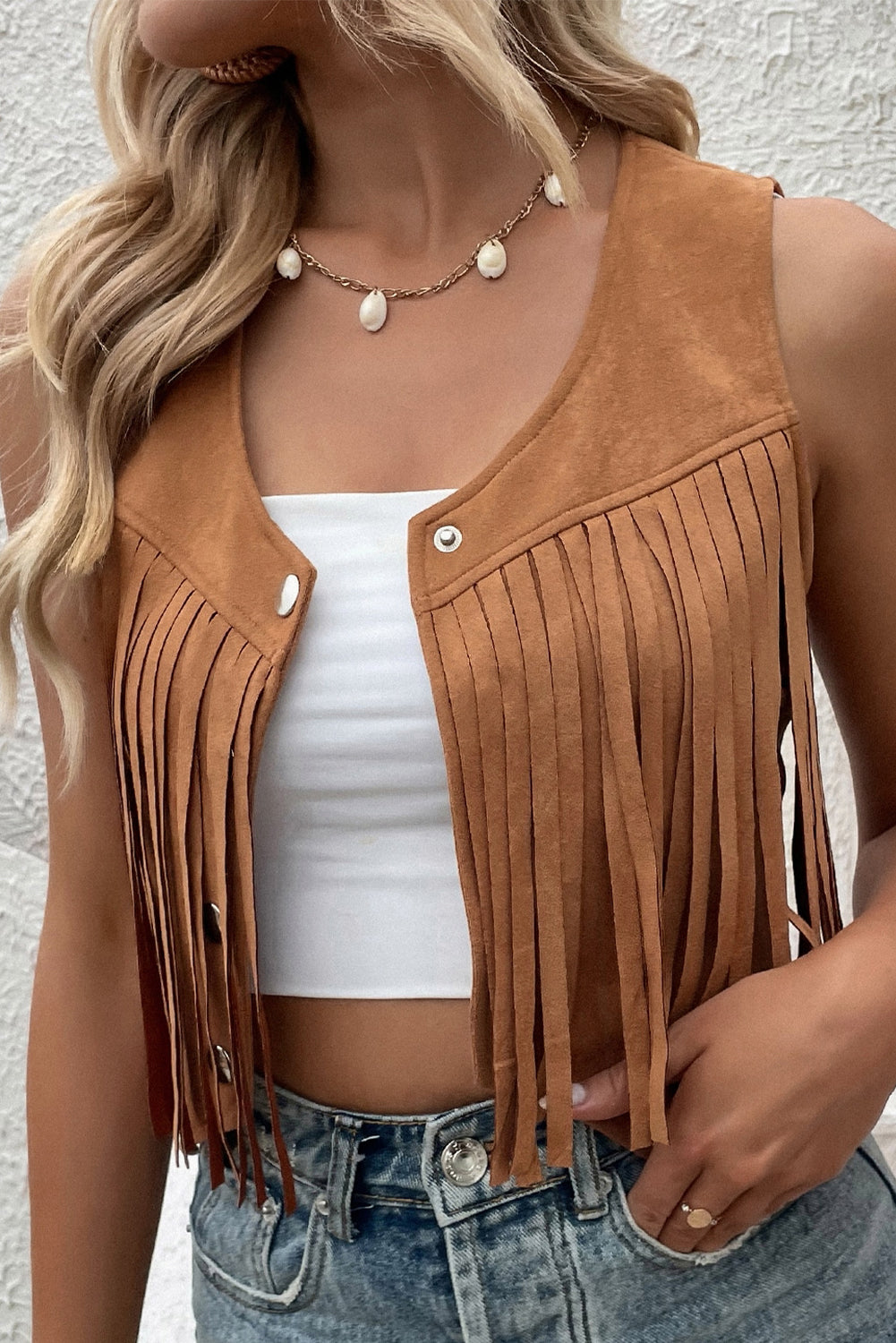 Camel Fringed Snap Button Front Suedette Vest