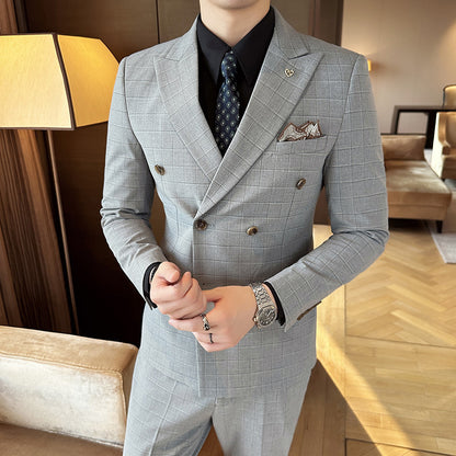 Men's Autumn And Winter Suit Three-piece Business Casual Light Gray Double Breasted