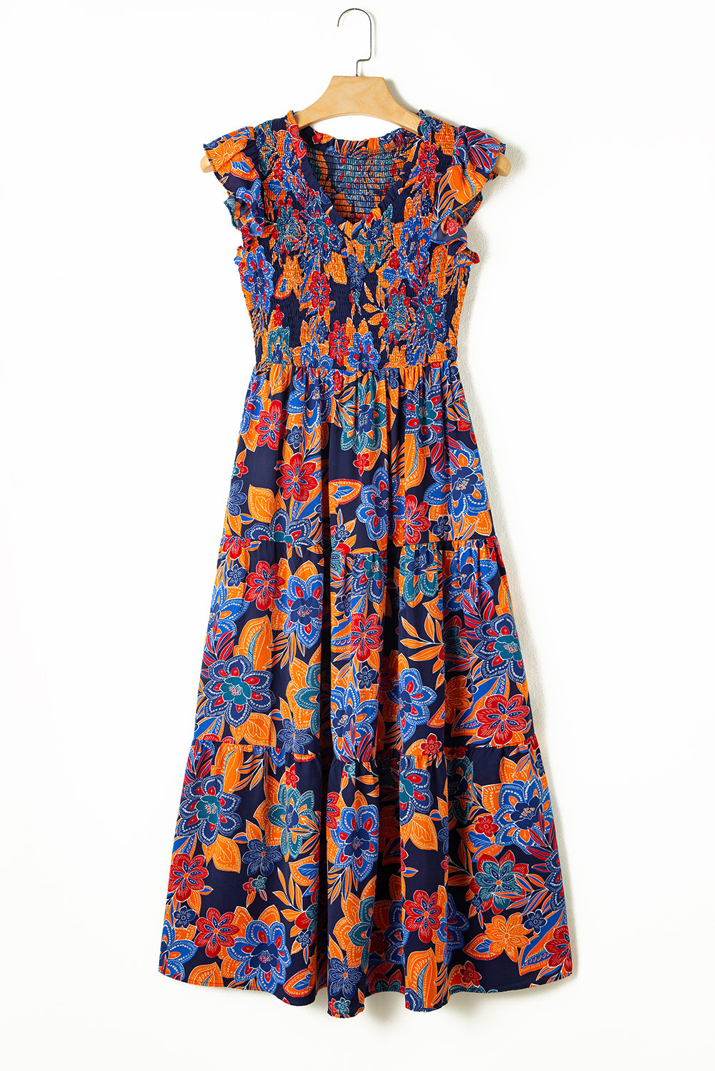 Dark Blue Boho Floral V Neck Ruffle Tiered Long Dress