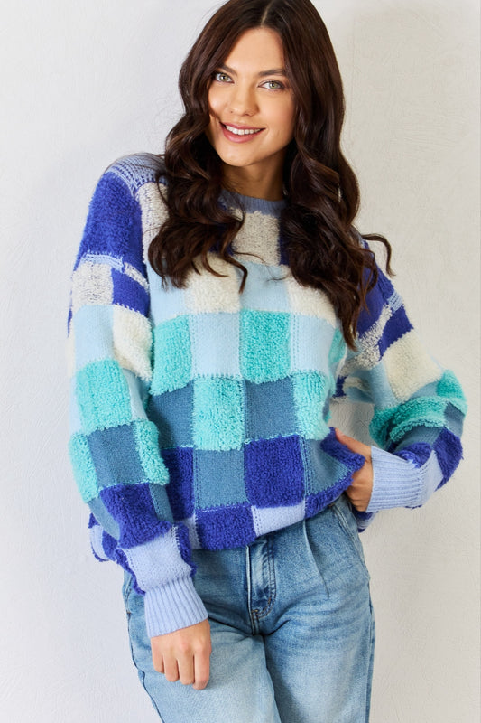 J.NNA Checkered Round Neck Long Sleeve Sweater Blue Multi