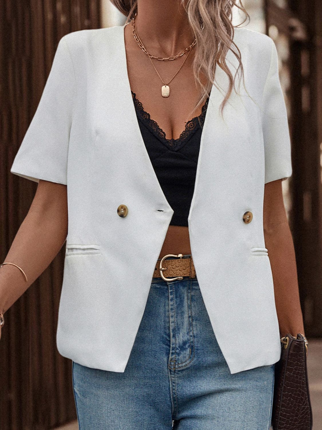 Shiny Two-Button Short Sleeve Pocket Blazer White