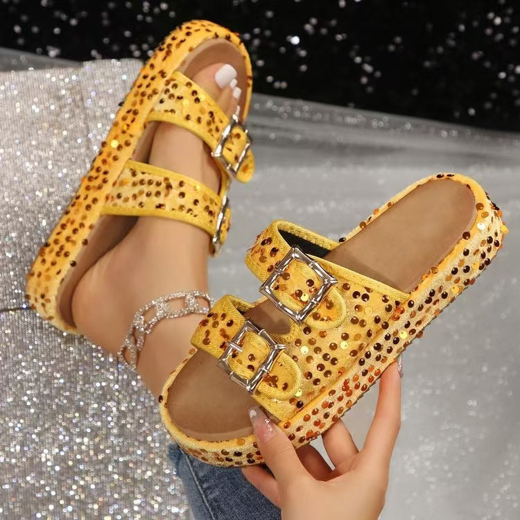 Sequin Trim Open Toe Sandals Gold