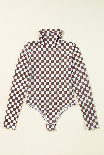 Brown Checkered Printed Long Sleeve High Neck Bodysuit