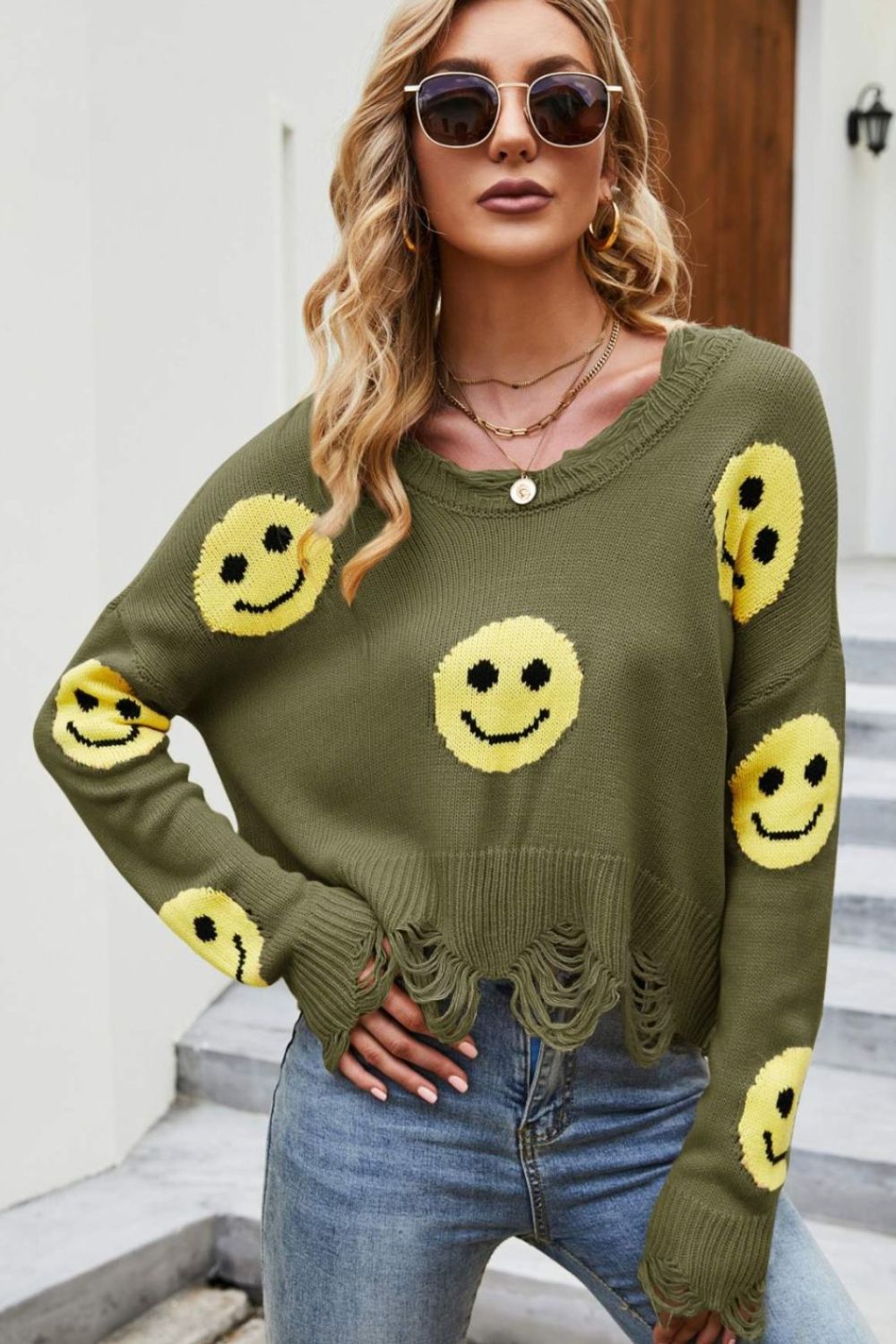 Smiley Face Distressed Round Neck Sweater Green