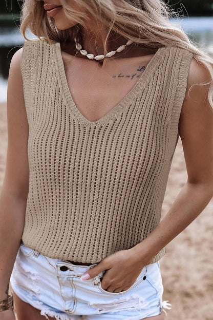 V-Neck Wide Strap Knit Vest Khaki