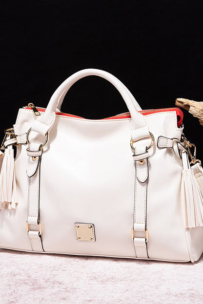 PU Leather Handbag with Tassels Ivory One Size