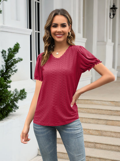 Eyelet Round Neck Short Sleeve Blouse Burgundy