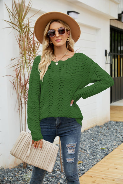 Woven Right Scalloped Boat Neck Openwork Tunic Sweater Green