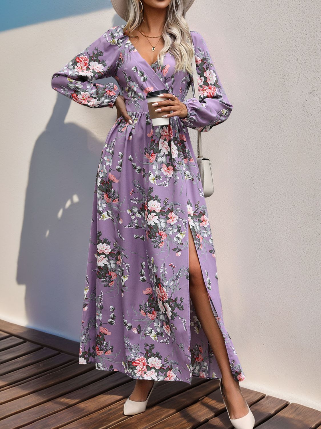 Slit Printed Surplice Long Sleeve Maxi Dress Lavender