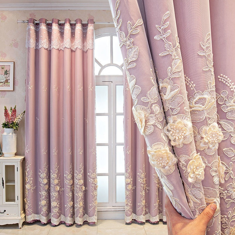 Bedroom Shading Wedding Home Double Open Curtain Finished Set Magnolia Pink Hook