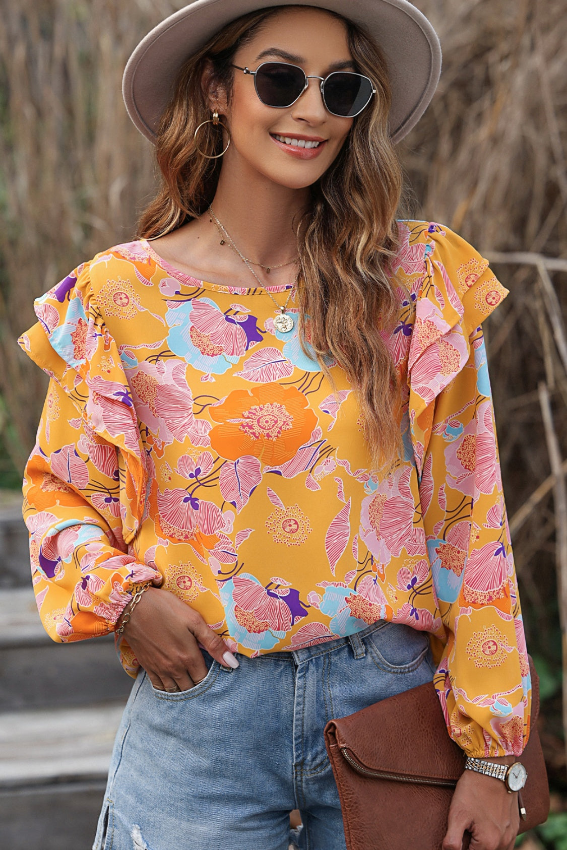 Floral Print Ruffle Puff Sleeve Blouse