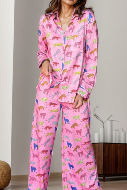 Pocketed Printed Top and Pants Lounge Set Pink