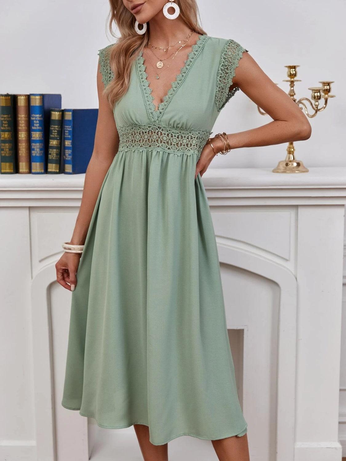 Lace Detail V-Neck Cap Sleeve Dress Light Green