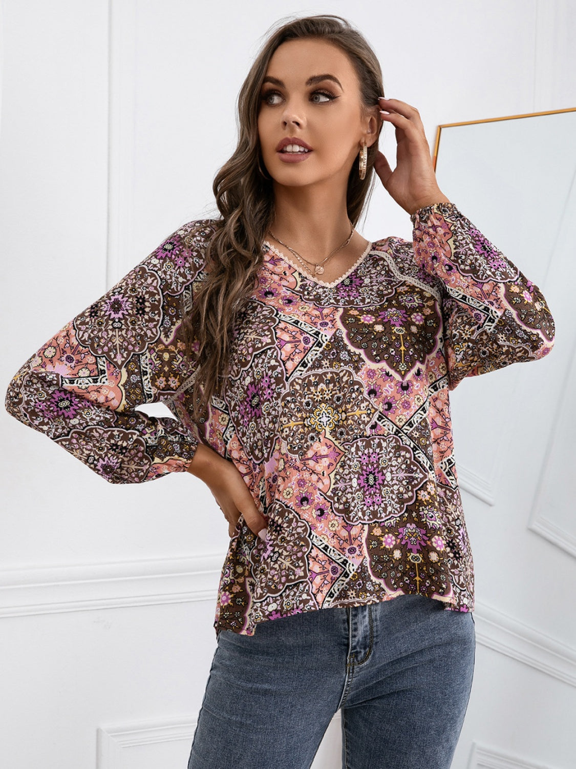 Lace Detail Printed V-Neck Blouse