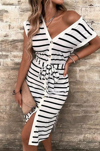 Striped Button Slit Tie V-Neck Midi Dress