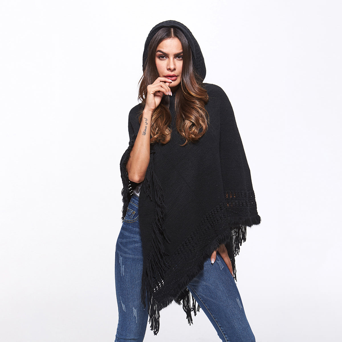 Openwork Fringe Hem Hooded Poncho - Thandynie