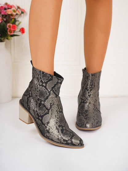 PU Leather Snakeskin Print Block Heel Boots Dark Gray