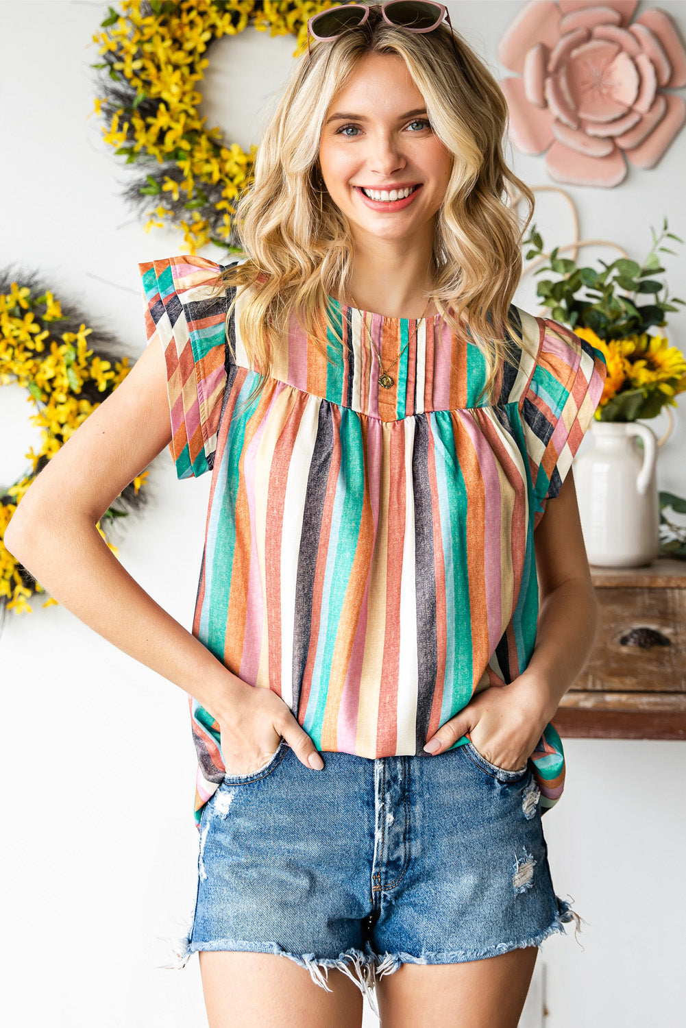 Multicolored Stripe Flutter Sleeve Blouse Turquoise