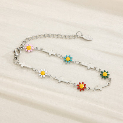 Flower & Cross Stainless Steel Bracelet Light Blue One Size