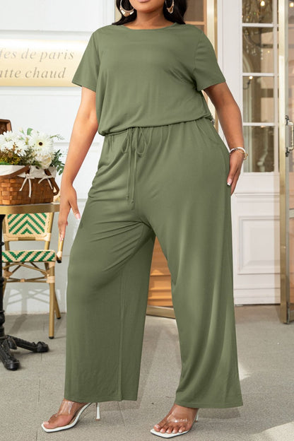 Plus Size Drawstring Waist Short Sleeve Jumpsuit Moss